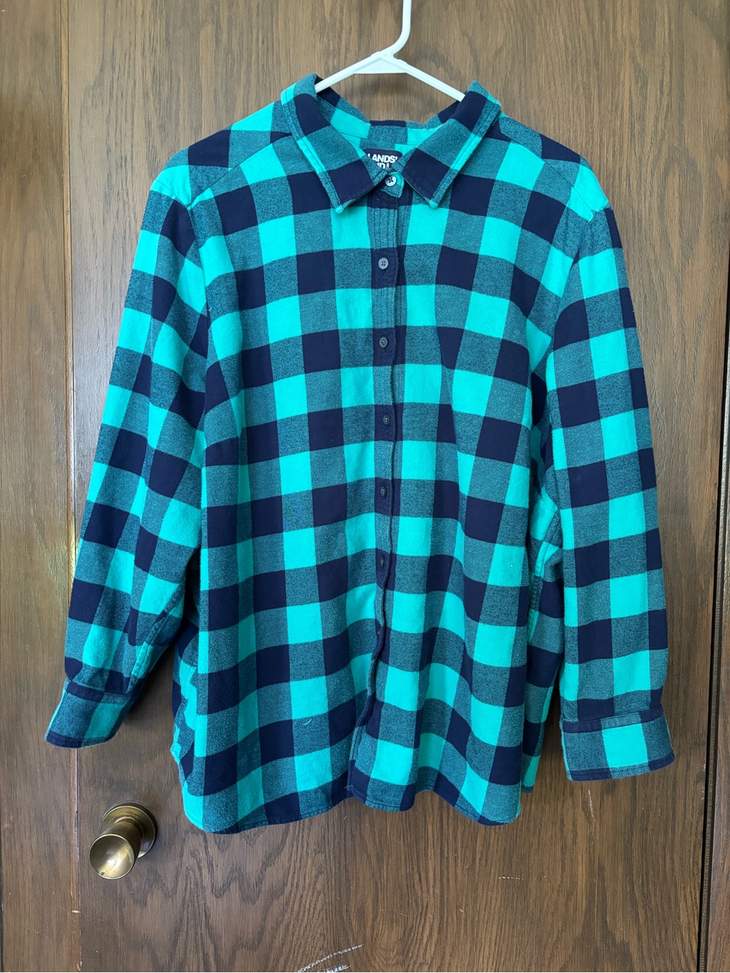 Lands' End Teal And Navy Plaid Flannel Button-Down Shirt